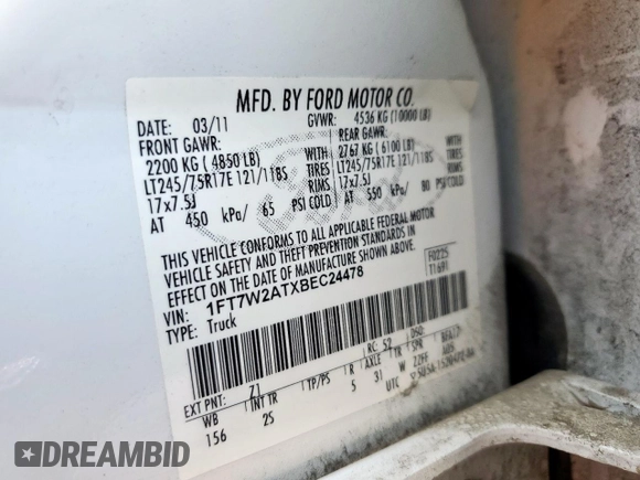 2011 Ford Super Duty F-250 SRW XL with VIN 1FT7W2ATXBEC24478, listed as a Copart auction lot 50657835 with 0 mi miles and Salvage Title. Bid and sale history available at carsss.com. Image 12.