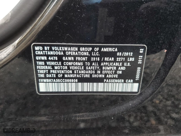 2012 Volkswagen Passat SE w/Sunroof with VIN 1VWBH7A35CC066806, listed as a Copart auction lot 46104035 with 232,997 mi miles and Salvage Title. Bid and sale history available at carsss.com. Image 12.