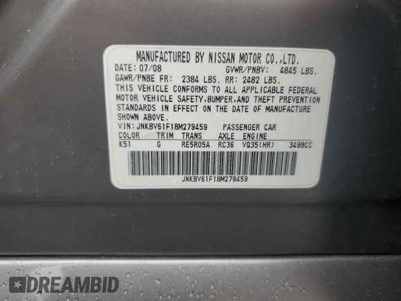 2008 Infiniti G35 x with VIN JNKBV61F18M279459, listed as a Copart auction lot 72467674 with Not Provided miles and Salvage Title. Bid and sale history available at DreamBid. Image 14.