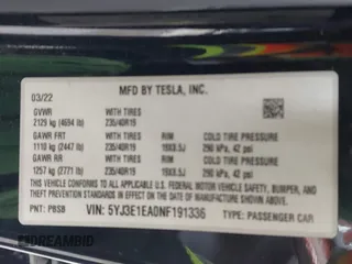 2022 Tesla Model 3 with VIN 5YJ3E1EA0NF191336, listed as a IAAI auction lot 41600441 with 126,671 mi miles and . Bid and sale history available at DreamBid. Image 9.