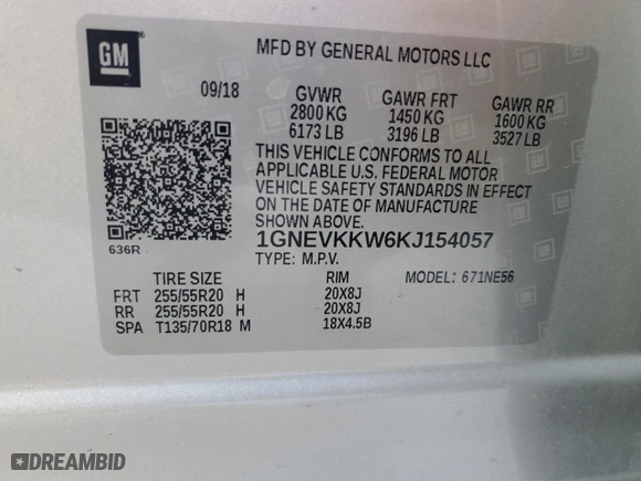 2019 Chevrolet Traverse Premier with VIN 1GNEVKKW6KJ154057, listed as a Copart auction lot 44326875 with 58,458 mi miles and Clean Title. Bid and sale history available at carsss.com. Image 15.