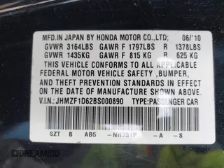 2011 Honda CR-Z EX with VIN JHMZF1D62BS000890, listed as a IAAI auction lot 41651835 with 182,348 mi miles. Bid and sale history available at carsss.com. Image 9.