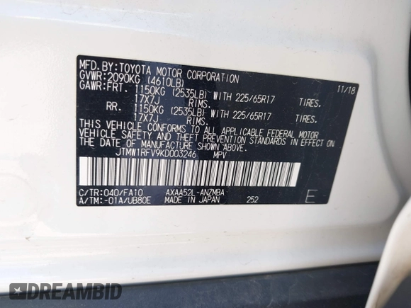 2019 Toyota RAV4 XLE with VIN JTMW1RFV9KD003246, listed as a IAAI auction lot 42115291 with 81,910 mi miles. Bid and sale history available at carsss.com. Image 9.