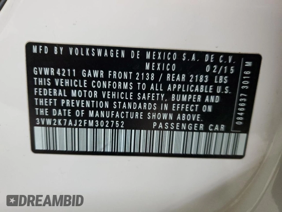 2015 Volkswagen Jetta S with VIN 3VW2K7AJ2FM302752, listed as a Copart auction lot 59302965 with 243,436 mi miles and Clean title. Bid and sale history available at DreamBid. Image 12.