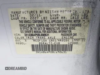 2011 Nissan Sentra SL with VIN 3N1AB6AP0BL690631, listed as a IAAI auction lot 41989925 with 216,300 mi miles and . Bid and sale history available at DreamBid. Image 9.