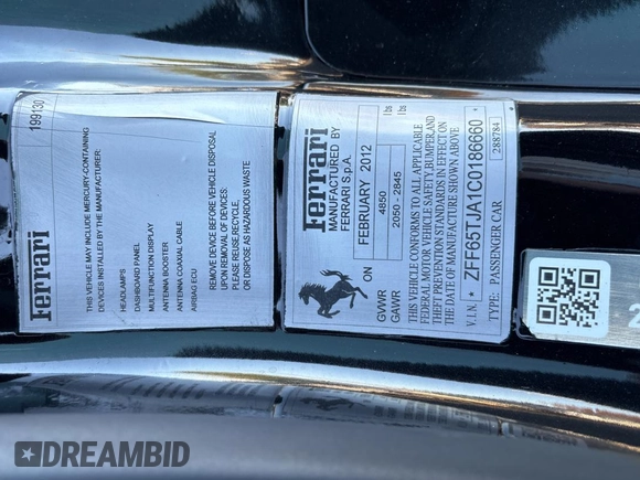 2012 Ferrari California с VIN ZFF65TJA1C0186660, выставлен на аукционе Copart как лот 79966064 с пробегом 18 917 миль миль и Списание • Salvage title. История ставок и продаж доступна на DreamBid. Изображение 10.