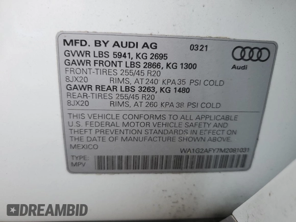 2021 Audi Q5 Premium with VIN WA1G2AFY7M2081031, listed as a Copart auction lot 56794143 with 15,980 mi miles and . Bid and sale history available at DreamBid. Image 15.