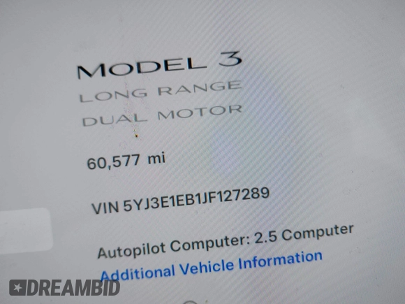 2018 Tesla Model 3 Long Range Battery with VIN 5YJ3E1EB1JF127289, listed as a IAAI auction lot 41484253 with 60,577 mi miles and . Bid and sale history available at DreamBid. Image 7.