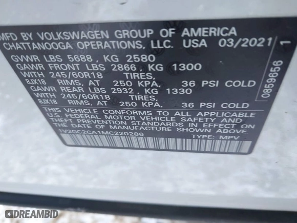2021 Volkswagen Atlas Cross Sport 2.0T S with VIN 1V2GC2CA1MC220286, listed as a IAAI auction lot 41360496 with 43,836 mi miles. Bid and sale history available at carsss.com. Image 9.