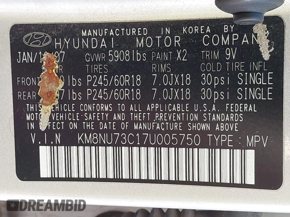 2007 Hyundai Veracruz GLS with VIN KM8NU73C17U005750, listed as a IAAI auction lot 42100304 with 227,101 mi miles and . Bid and sale history available at DreamBid. Image 9.