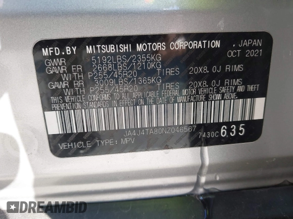 2022 Mitsubishi Outlander ES with VIN JA4J4TA80NZ046567, listed as a IAAI auction lot 41137368 with 69,027 mi miles. Bid and sale history available at carsss.com. Image 9.