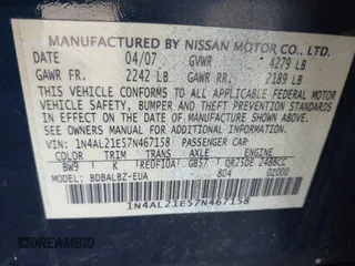 2007 Nissan Altima 2.5 with VIN 1N4AL21E57N467158, listed as a IAAI auction lot 41730780 with 156,925 mi miles. Bid and sale history available at carsss.com. Image 9.