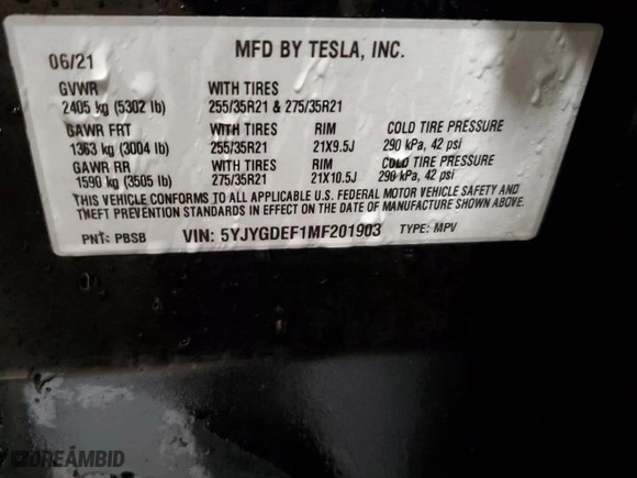 2021 Tesla Model Y Performance with VIN 5YJYGDEF1MF201903, listed as a Copart auction lot 47781485 with 82,716 mi miles and Salvage Title. Bid and sale history available at carsss.com. Image 13.