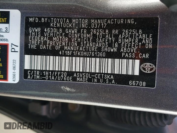 2017 Toyota Camry XLE with VIN 4T1BF1FK0HU761360, listed as a Copart auction lot 54840875 with 240,147 mi miles and Salvage Title. Bid and sale history available at carsss.com. Image 13.