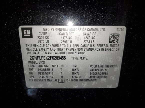 2015 Chevrolet Equinox LT with VIN 2GNFLFEK2F6209455, listed as a Copart auction lot 87929985 with 141,554 mi miles and Salvage Title. Bid and sale history available at carsss.com. Image 13.