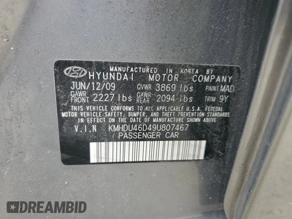 2009 Hyundai Elantra SE z VIN KMHDU46D49U807467, wystawiony jako Copart lot #58783865 z przebiegiem 118 110 mil mil oraz Czysty tytuł • Clean title. Historia ofert i sprzedaży dostępna na DreamBid. Obrazek 12.