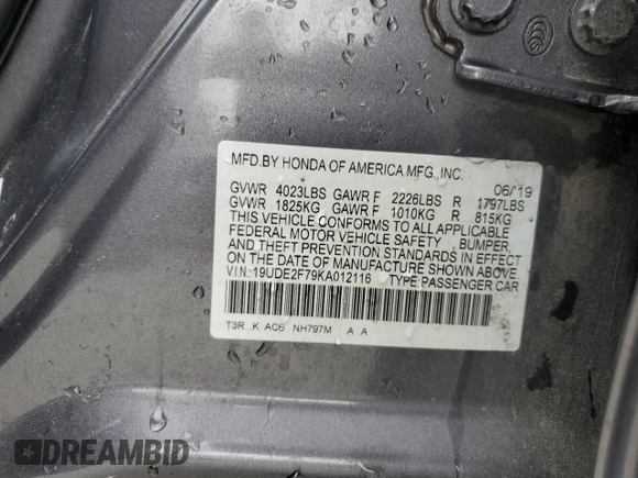 2019 Acura ILX Premium with VIN 19UDE2F79KA012116, listed as a Copart auction lot 57766085 with 75,679 mi miles and Salvage title. Bid and sale history available at DreamBid. Image 12.