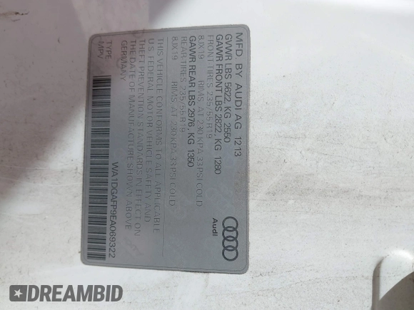 2014 Audi Q5 Premium Plus with VIN WA1DGAFP9EA069322, listed as a IAAI auction lot 41667905 with 110,743 mi miles and . Bid and sale history available at DreamBid. Image 9.