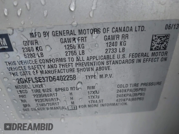 2013 GMC Terrain SLE with VIN 2GKFLSE37D6402258, listed as a IAAI auction lot 41415429 with 244,906 mi miles. Bid and sale history available at carsss.com. Image 9.