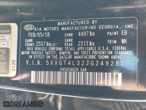 2018 Kia Optima LX with VIN 5XXGT4L32JG249287, listed as a IAAI auction lot 41701434 with 92,390 mi miles and . Bid and sale history available at DreamBid. Image 9.