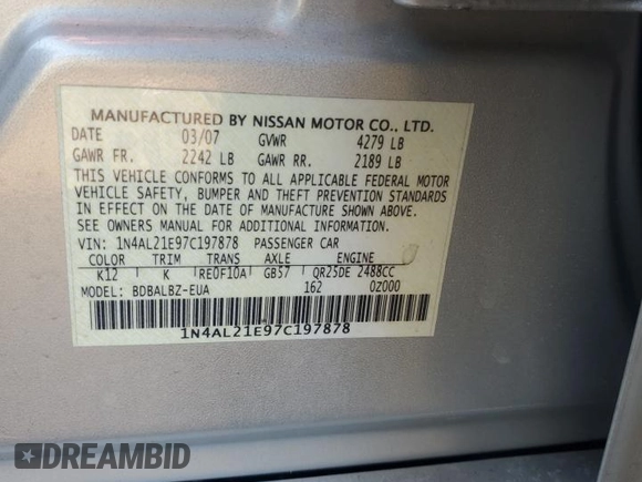 2007 Nissan Altima 2.5 with VIN 1N4AL21E97C197878, listed as a Copart auction lot 87014524 with 0 mi miles and Salvage Title. Bid and sale history available at carsss.com. Image 12.