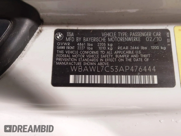 2010 BMW 3 Series 335i with VIN WBAWL7C53AP476444, listed as a IAAI auction lot 41384815 with 138,601 mi miles. Bid and sale history available at carsss.com. Image 9.