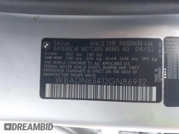 2002 BMW 5 Series 540i with VIN WBADN63412GN86932, listed as a IAAI auction lot 42322111 with 143,949 mi miles and . Bid and sale history available at DreamBid. Image 9.