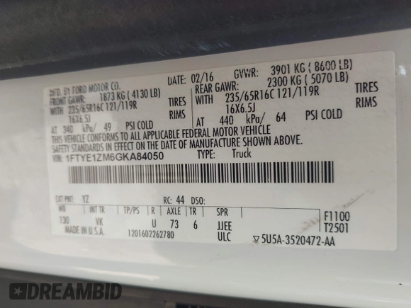 2016 Ford Transit Cargo with VIN 1FTYE1ZM6GKA84050, listed as a IAAI auction lot 42599008 with 135,943 mi miles and . Bid and sale history available at DreamBid. Image 9.