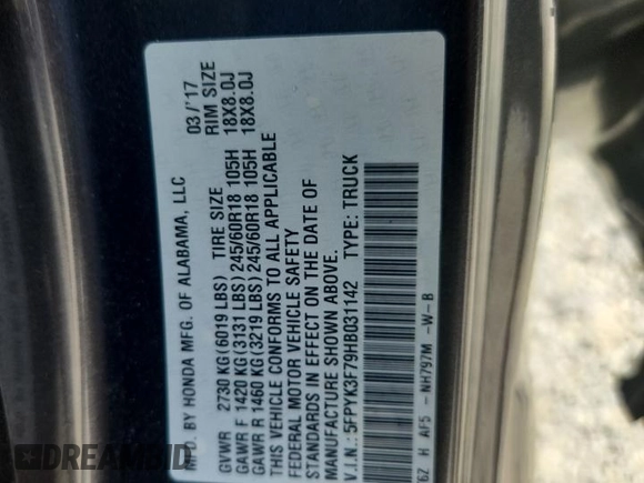 2017 Honda Ridgeline RTL-E with VIN 5FPYK3F79HB031142, listed as a Copart auction lot 62365885 with 134,517 mi miles and Salvage title. Bid and sale history available at DreamBid. Image 12.