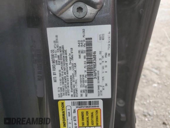 2016 Ford Fusion SE с VIN 3FA6P0T98GR368846, выставлен на аукционе Copart как лот 61030225 с пробегом 125 288 миль миль и Списание • Salvage title. История ставок и продаж доступна на DreamBid. Изображение 12.