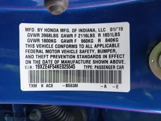 2019 Honda Insight EX with VIN 19XZE4F54KE025545, listed as a IAAI auction lot 41506580 with 19,884 mi miles. Bid and sale history available at carsss.com. Image 9.