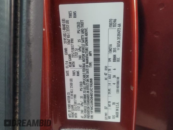 2014 Ford Escape SE with VIN 1FMCU9G94EUC19288, listed as a Copart auction lot 48514585 with 126,182 mi miles and Salvage Title. Bid and sale history available at carsss.com. Image 14.