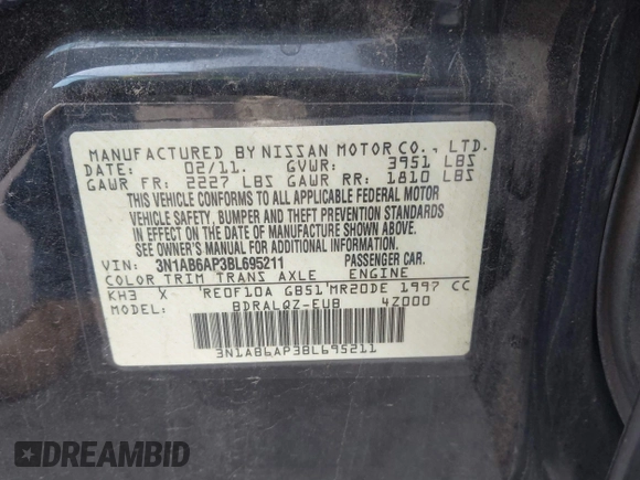 2011 Nissan Sentra SR with VIN 3N1AB6AP3BL695211, listed as a IAAI auction lot 41956190 with 135,175 mi miles and . Bid and sale history available at DreamBid. Image 9.