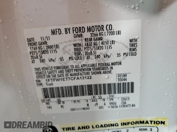 2012 Ford F-150 XL with VIN 1FTFW1ET7CFA13122, listed as a Copart auction lot 53345045 with 170,490 mi miles and Salvage Title. Bid and sale history available at carsss.com. Image 12.