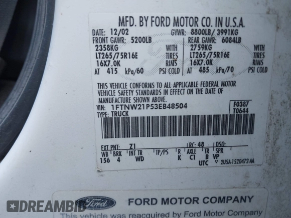 2003 Ford F-250 XL с VIN 1FTNW21P53EB48504, выставлен на аукционе IAAI как лот 41495259 с пробегом 257 559 миль миль и . История ставок и продаж доступна на DreamBid. Изображение 9.