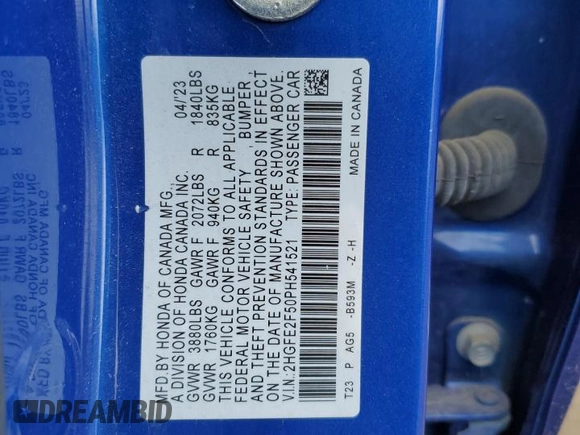 2023 Honda Civic Sport with VIN 2HGFE2F50PH541521, listed as a Copart auction lot 51367805 with 31,394 mi miles and Salvage title. Bid and sale history available at DreamBid. Image 12.