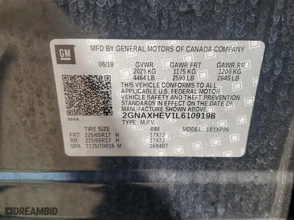 2020 Chevrolet Equinox LS with VIN 2GNAXHEV1L6109198, listed as a Copart auction lot 48431065 with 113,763 mi miles and Salvage Title. Bid and sale history available at carsss.com. Image 13.