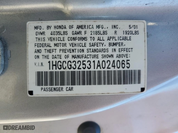 2001 Honda Accord Cpe EX with VIN 1HGCG32531A024065, listed as a Copart auction lot 41493535 with 233,650 mi miles and Salvage Title. Bid and sale history available at carsss.com. Image 15.