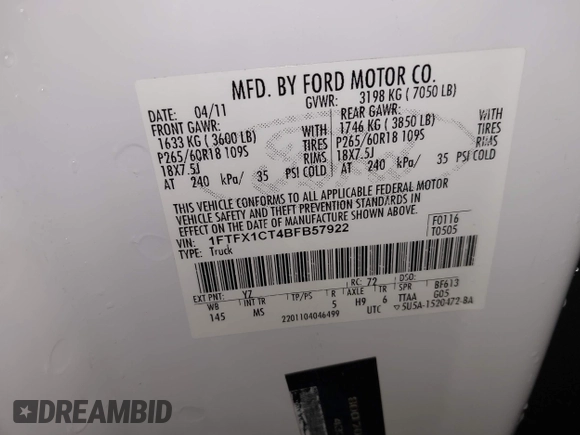 2011 Ford F-150 XL with VIN 1FTFX1CT4BFB57922, listed as a IAAI auction lot 42040372 with 99,027 mi miles and . Bid and sale history available at DreamBid. Image 9.
