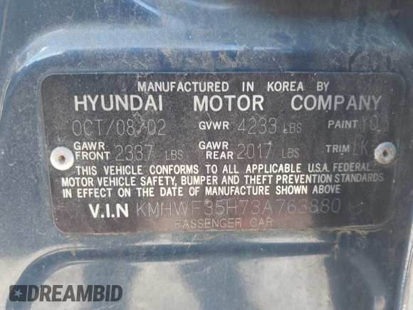 2003 Hyundai Sonata GLS with VIN KMHWF35H73A763880, listed as a IAAI auction lot 41563764 with 123,058 mi miles. Bid and sale history available at carsss.com. Image 9.