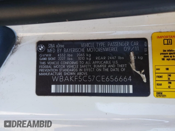 2012 BMW 3 Series 328i xDrive with VIN WBAKF5C57CE656664, listed as a Copart auction lot 84995964 with 142,038 mi miles and Clean Title. Bid and sale history available at carsss.com. Image 12.