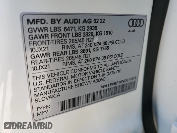 2022 Audi Q8 Premium Plus z VIN WA1BVBF16ND017319, wystawiony jako Copart lot #79760844 z przebiegiem 15 157 mil mil oraz Szkoda całkowita • Salvage title. Historia ofert i sprzedaży dostępna na DreamBid. Obrazek 13.