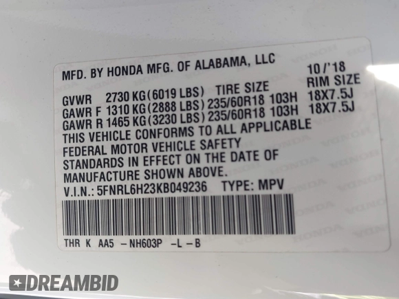 2019 Honda Odyssey LX with VIN 5FNRL6H23KB049236, listed as a IAAI auction lot 41633339 with 96,000 mi miles and . Bid and sale history available at DreamBid. Image 9.