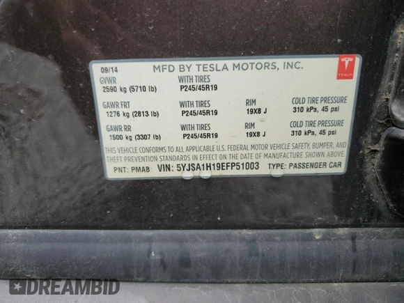 2014 Tesla Model S 60 with VIN 5YJSA1H19EFP51003, listed as a Copart auction lot 52164335 with 105,926 mi miles and Salvage Title. Bid and sale history available at DreamBid. Image 12.