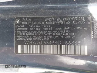 2003 BMW 7 Series 745i with VIN WBAGL63433DP66838, listed as a IAAI auction lot 42548738 with Not provided miles and . Bid and sale history available at DreamBid. Image 9.