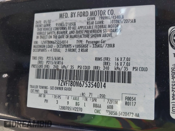 2007 Ford Mustang Deluxe with VIN 1ZVFT80N675354014, listed as a IAAI auction lot 41648031 with 92,209 mi miles. Bid and sale history available at carsss.com. Image 9.