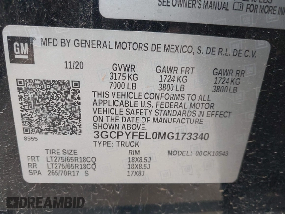 2021 Chevrolet Silverado 1500 LT Trail Boss with VIN 3GCPYFEL0MG173340, listed as a IAAI auction lot 38840038 with 57,253 mi miles and . Bid and sale history available at DreamBid. Image 9.