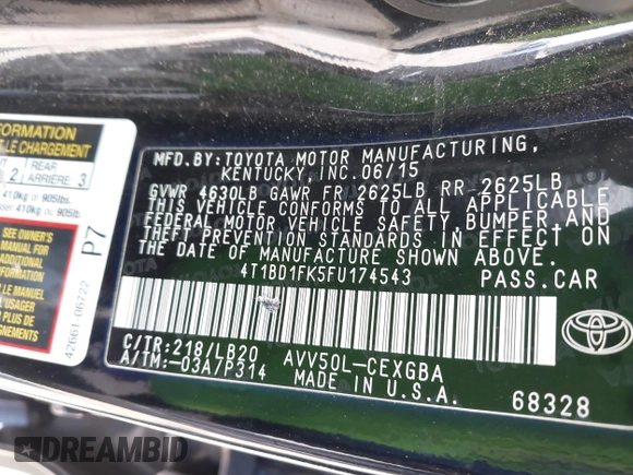 2015 Toyota Camry LE z VIN 4T1BD1FK5FU174543, wystawiony jako IAAI lot #41850210 z przebiegiem 247 080 mil mil oraz . Historia ofert i sprzedaży dostępna na DreamBid. Obrazek 9.