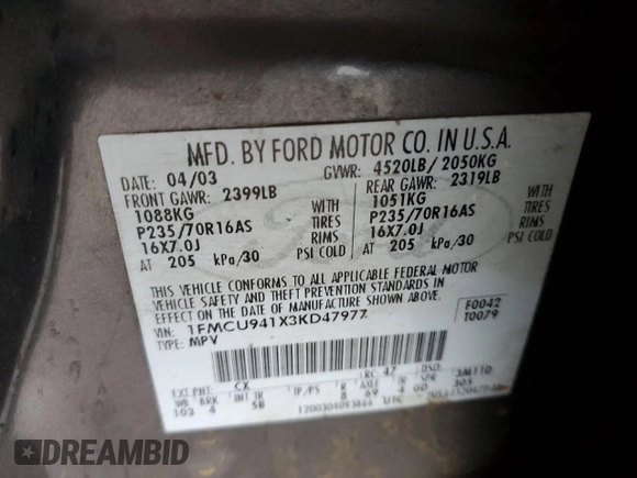 2003 Ford Escape Limited with VIN 1FMCU941X3KD47977, listed as a Copart auction lot 85054974 with 303,773 mi miles and Salvage Title. Bid and sale history available at carsss.com. Image 13.