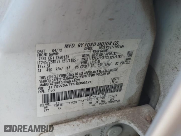 2012 Ford F-350 z VIN 1FT8W3AT7CEB99521, wystawiony jako Copart lot #65911194 z przebiegiem 164 339 mil mil oraz Szkoda całkowita • Salvage title. Historia ofert i sprzedaży dostępna na DreamBid. Obrazek 12.